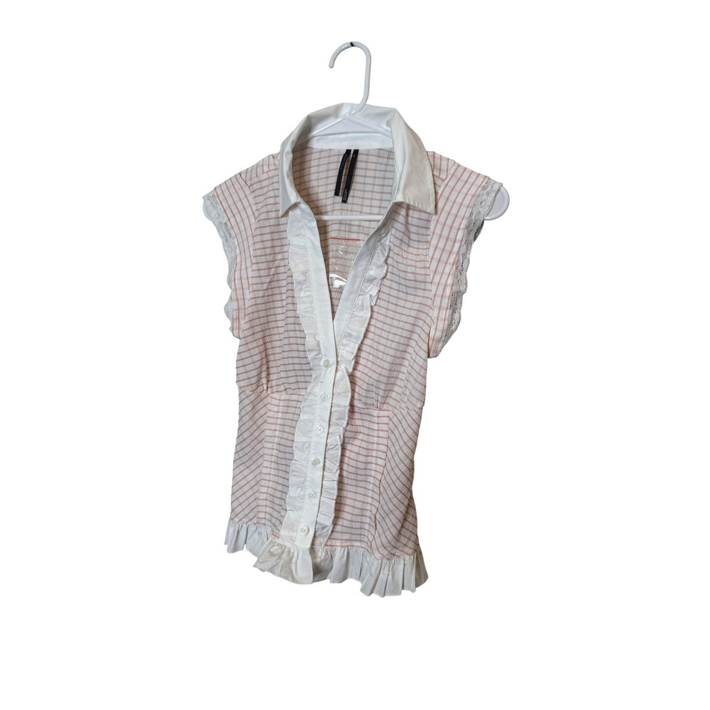 Anthropologie Button Up Shirt Womens Small White Stripe Ruffle Cap Sleeve Top